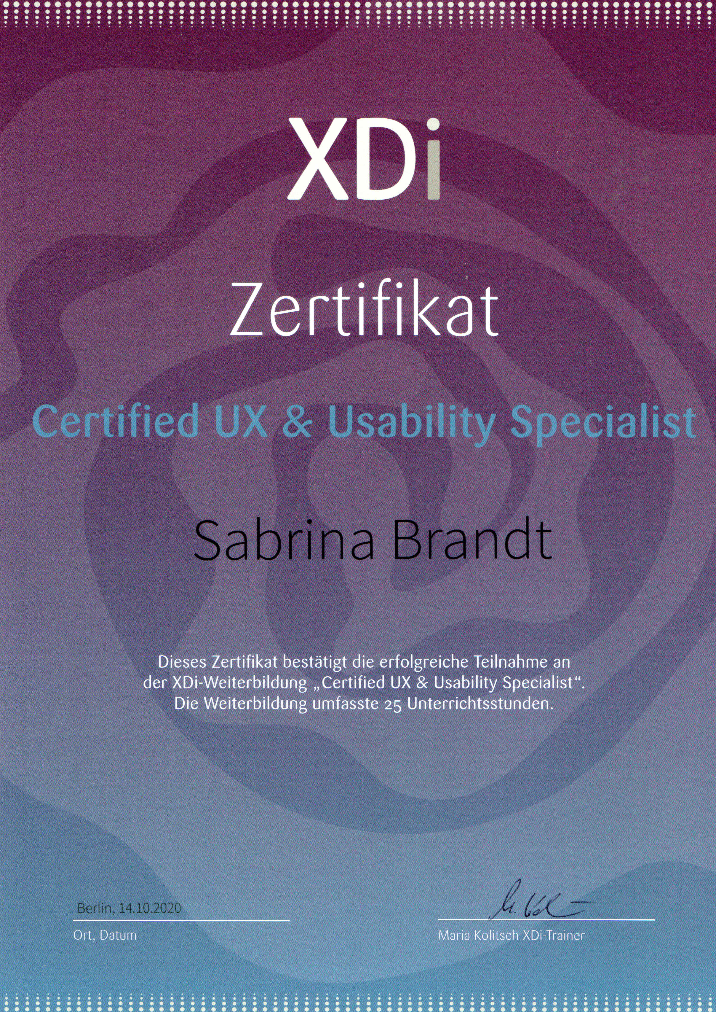 Zertifikat UX Specialist Sabrina Brandt